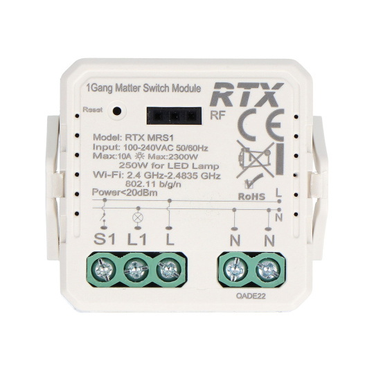 1-канальне реле для прихованого монтажу 10A - WiFi - Matter - додаток для Android/iOS - RTX MRS1