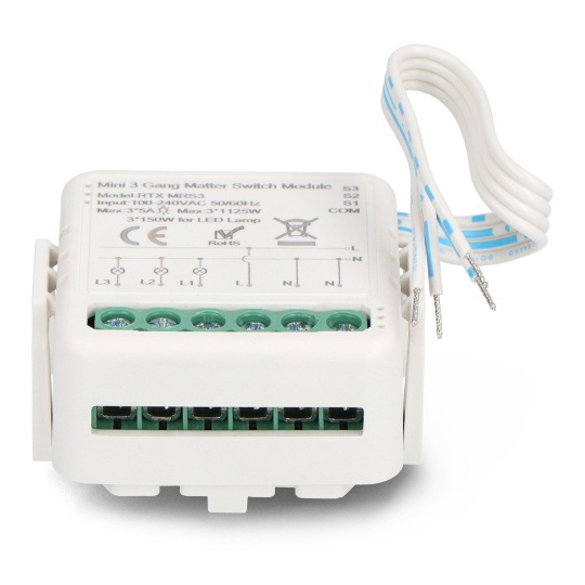 3-канальне реле для прихованого монтажу 5A - WiFi - Matter - додаток для Android/iOS - RTX MRS3