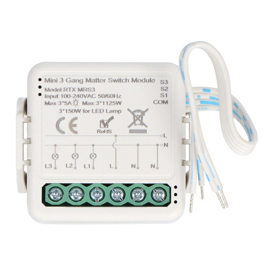 3-канальне реле для прихованого монтажу 5A - WiFi - Matter - додаток для Android/iOS - RTX MRS3