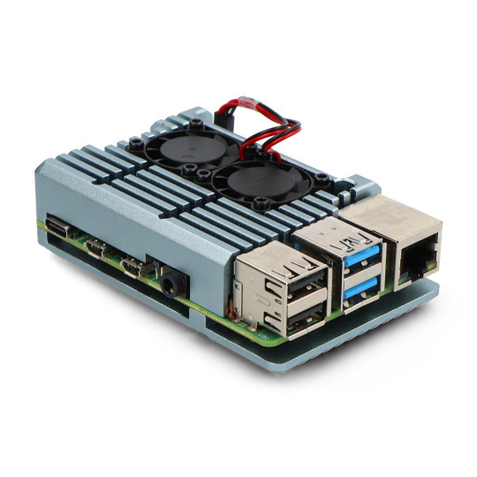 Корпус justPi для Raspberry Pi 4B — алюминиевый, с двумя вентиляторами — серый.