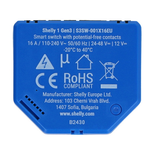 Shelly 1 Gen3 - Реле 12V/24V-48VDC/240VAC WiFi/Bluetooth 16A - Додаток для Android/iOS