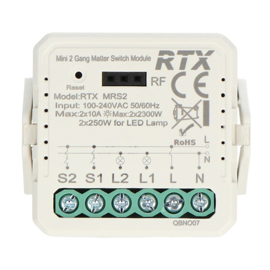 2-канальне реле для прихованого монтажу 10A - Matter - додаток для Android/iOS - RTX MRS2