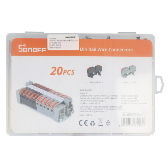 Набір 1-контактних швидкороз'ємних з'єднувачів Sonoff для DIN-рейки - 20 шт.