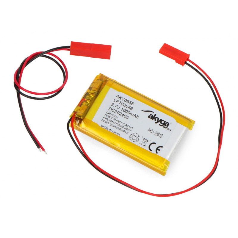 Akumulator Li-Pol Akyga 3,7V 1S 1000mAh konektor+gniazdo 2,54 JST - 2 piny - (48x30x7mm)