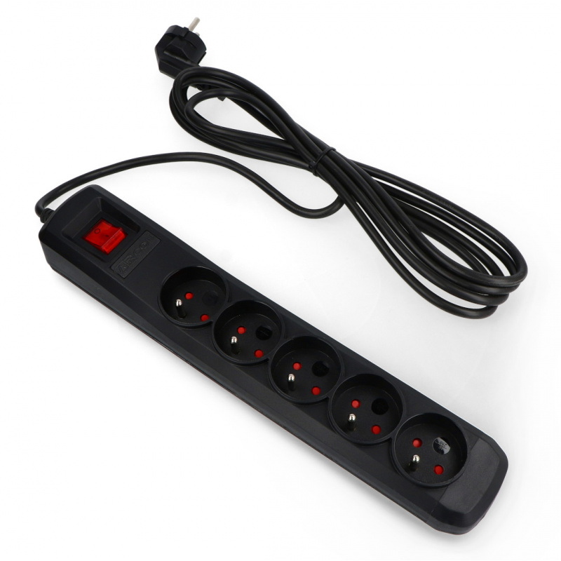 Listwa zasilająca z zabezpieczeniami Arcon R5 czarna - 5 gniazd - 3m