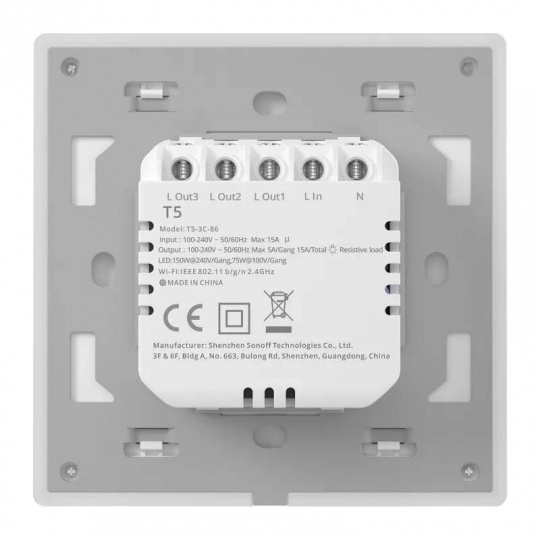 Sonoff TX T5 3C - Розумний сенсорний настінний WiFi вимикач - 3-канальний - білий