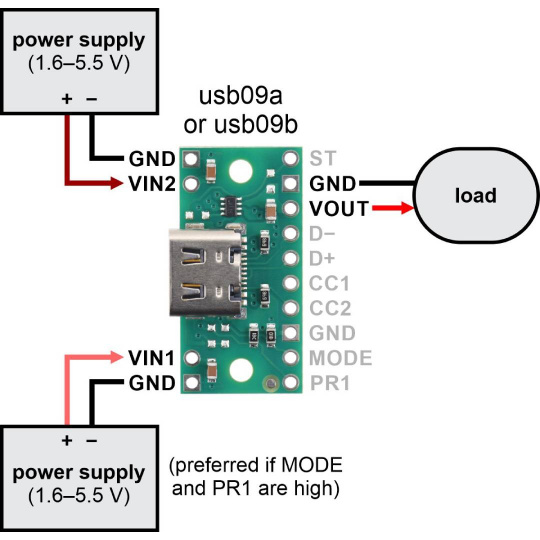 Разъем питания USB Type-C с мультиплексором TPS2116 - usb09a - Pololu 3728