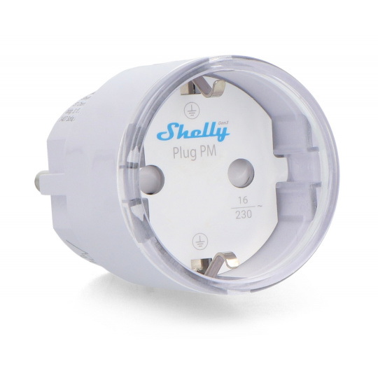 Shelly Plug PM Gen3 — умная розетка с Wi-Fi/Bluetooth и счетчиком электроэнергии — белая.