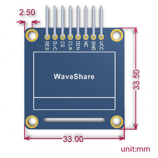 Двоколірний графічний OLED-дисплей 0,96 дюйма (B) 128x64px SPI/I2C - прямі роз'єми - Waveshare 9092