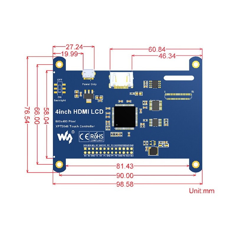 Ekran dotykowy rezystancyjny LCD 4'' 800x480px IPS HDMI + GPIO dla Raspberry Pi 3/2/B+