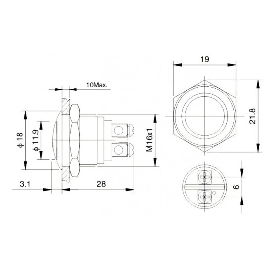 Бістабільний перемикач ON-OFF - PBW-16AS - 2A 250V опуклий