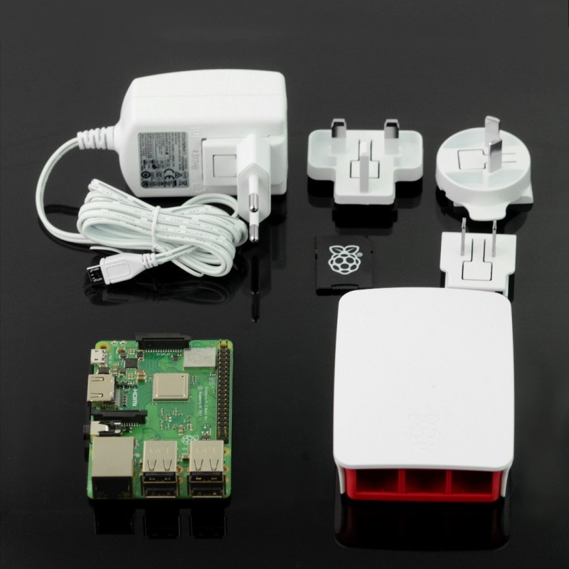 Zestaw startowy Raspberry Pi 3 B+ WiFi + czerwono-biała obudowa + oryginalny zasilacz + karta microSD