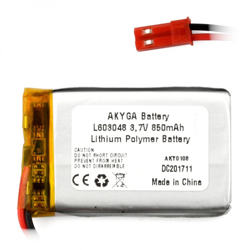 Akumulator Li-Pol Akyga 850mAh 1S 3.7V - złącze JST-BEC + gniazdo