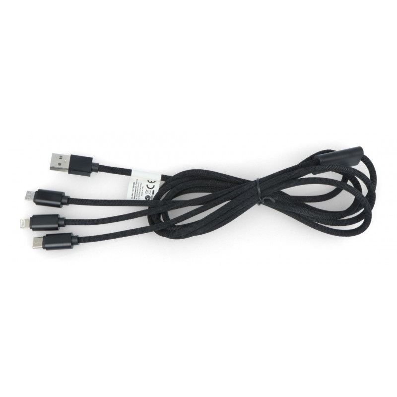 Przewód Lanberg Combo  3w1 USB typ A - microUSB + lightning + USB typ C 2.0 czarny, oplot materiałowy - 1,8m
