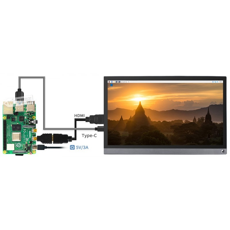 Ekran dotykowy pojemnościowy LCD IPS 15,6'' 1920x1080px HDMI + USB C dla Raspberry Pi 4B/3B+/3B/Zero + obudowa + akumulator