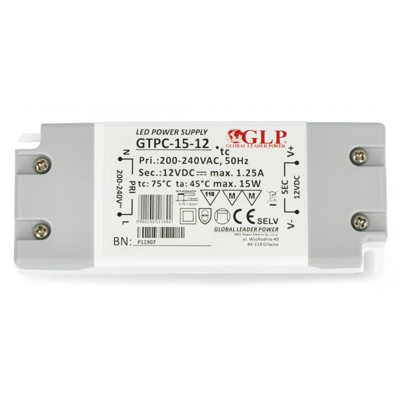 Zasilacz impulsowy do oświetlenia LED GTPC-15-12 - 12V/1,25A/15W