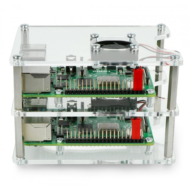 Obudowa do dwóch Raspberry Pi 4B/3B+/3B/2B/Zero - z dwoma wentylatorami - otwarta V2 przezroczysta