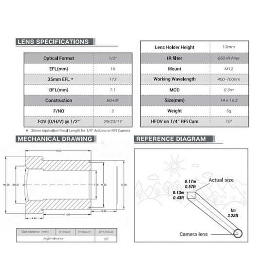 Об'єктив M2016ZH01 з кріпленням M12 - для камер ArduCam