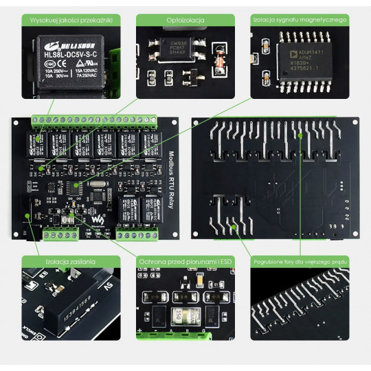 8-канальний релейний модуль з оптоізоляцією - контакти 10A/250VAC - котушка 5V - Modbus RS485 - Waveshare 17658