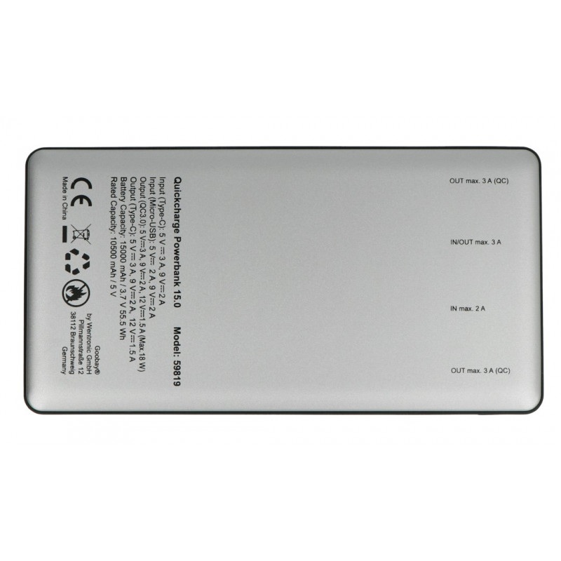Mobilna bateria PowerBank Goobay 15.0 59819 Quick Charge 3.0 15000mAh - szaro - czarna