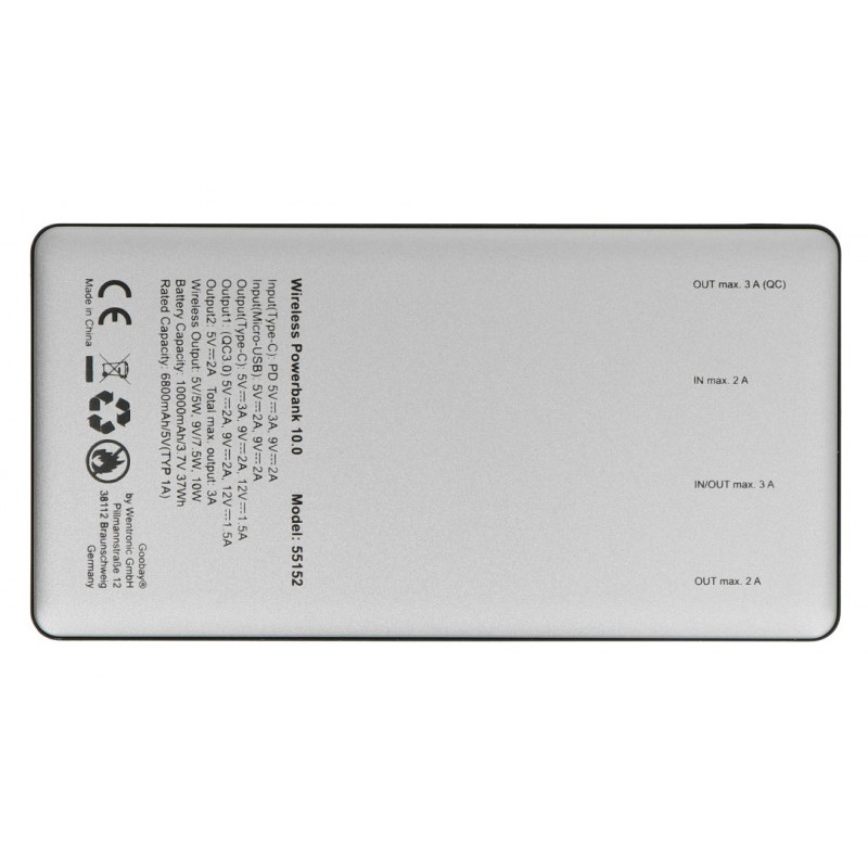 Mobilna bateria PowerBank Goobay Wireless 10.0 55152 Quick Charge 3.0 10000mAh - szaro - czarna