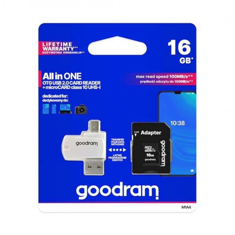 Goodram All in One -  karta pamięci micro SD / SDHC 16GB klasa 10 + adapter + czytnik OTG