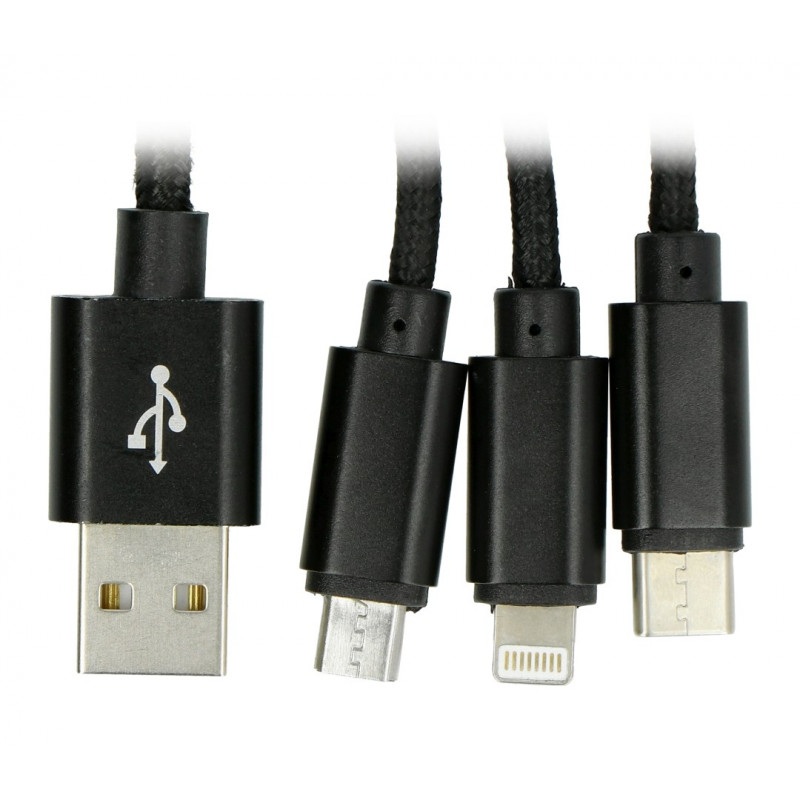 Przewód Maxlife Nylon 3w1 USB typ A - microUSB + lightning + USB typ C - czarny - 1m