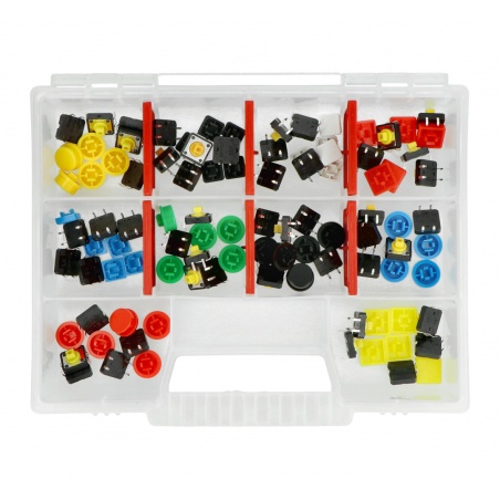 Zestaw przycisków Tact Switch 12x12mm 50szt. - kolorowe nasadki + organizer Zestaw przycisków Tact Switch 12x12mm 50szt. - kolorowe nasadki + organizer