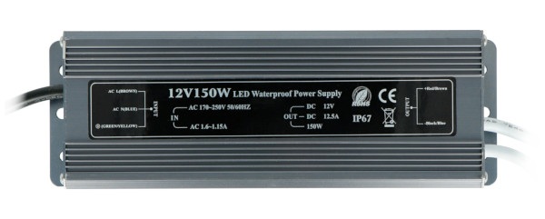Zasilacz W-150W-12V do taśm i pasków LED wodoodporny IP67 - 12V / 12,5A / 150W