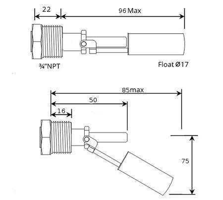 Rysunek techniczny i wymiary magnetycznego czujnika cieczy CMW115