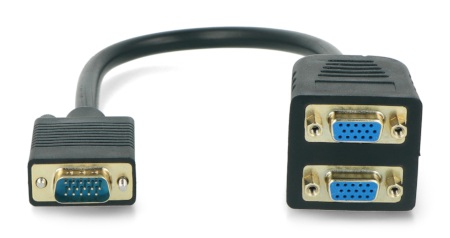 Adapter posiadający na jednym końcu złącze VGA męskie oraz dwa złącza VGA żeńskie na drugim końcu.
