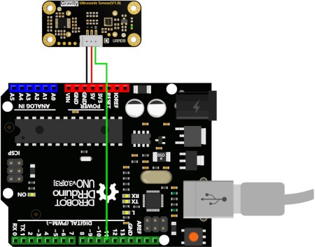 Przykładowy schemat połączenia czujnika z wykorzystaniem płytki DFRobot, odpowiednika Arduino.