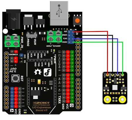 Przykładowy schemat połączenia czujnika z wykorzystaniem płytki DFRduino, odpowiednika Arduino.