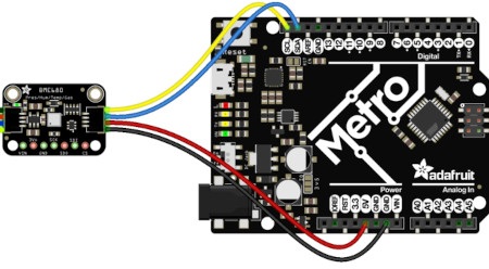 Schemat połączenia czujnika z płytką Metro - będącej odpowiednikiem Arduino. Płytka Metro nie jest częścią zestawu, można ją nabyć osobno w naszym sklepie.