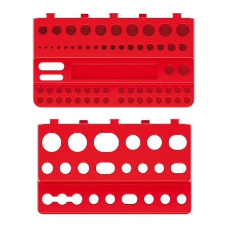 Zestaw zawiera dwie półki na śrubokręty w kolorze czerwonym.