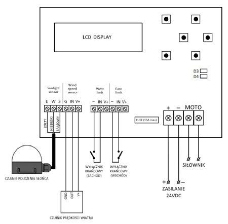 Solar tracker - sterownik jednoosiowych trackerów fotowoltaicznych 12 V / 24 V DC 15 A - układ śledzący słońce - STE-SOL1