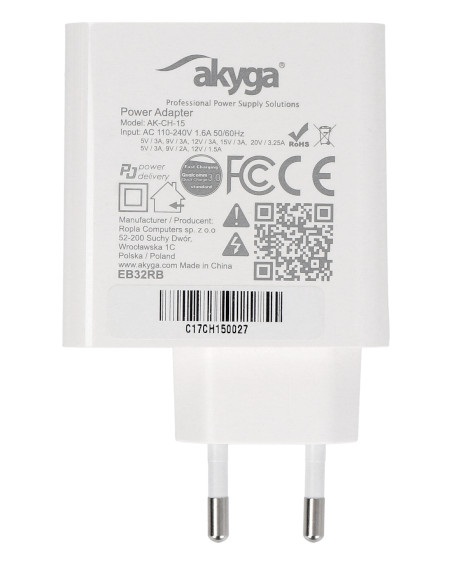 Zasilacz USB A USB C - 5 - 20 V / 1,5 - 3,25 A - biały - Akyga AK-CH-15