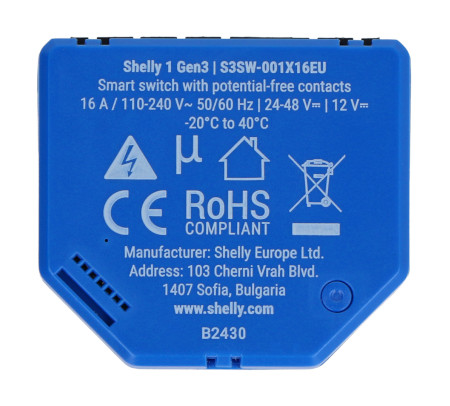 Shelly 1 Gen3 - przekaźnik 12 V / 24 V - 48 V DC / 240 V AC WiFi / Bluetooth 16 A - aplikacja Android / iOS